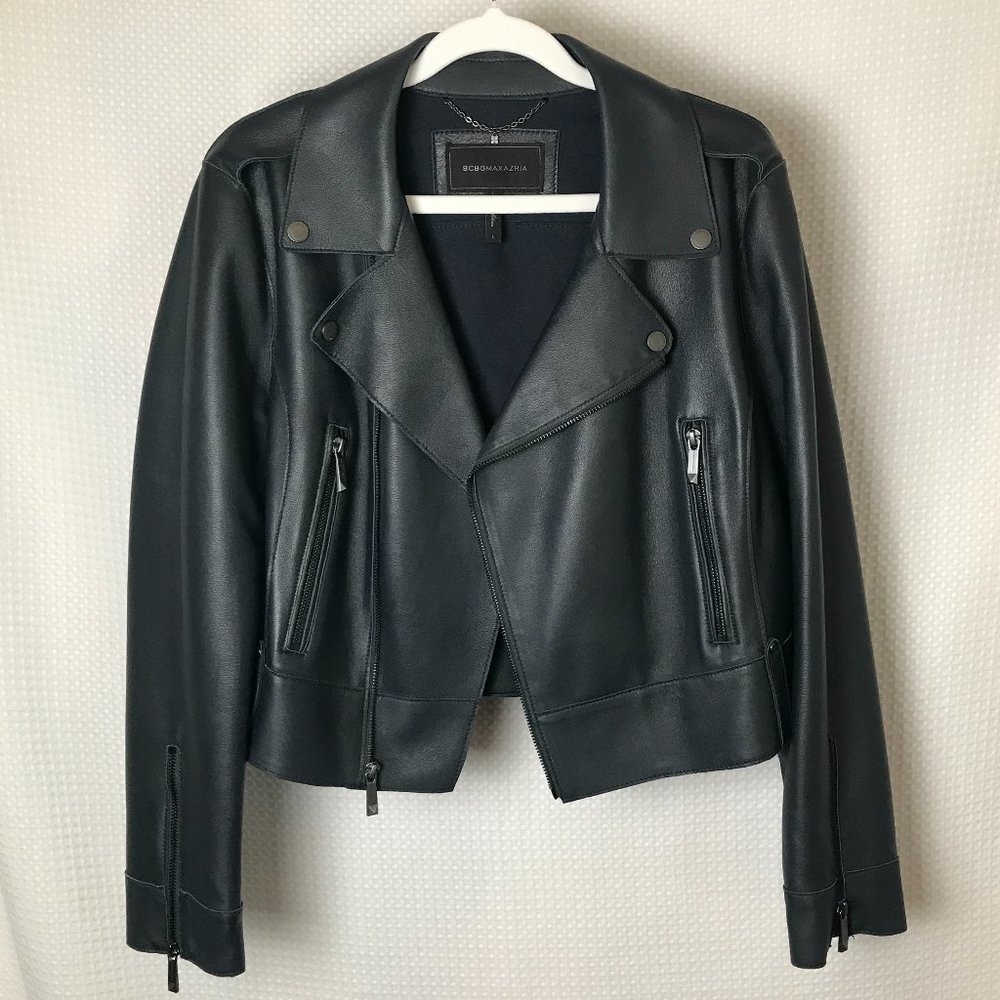 BCBG MAXAZRIA Autumn Leather Moto Jacket Navy L